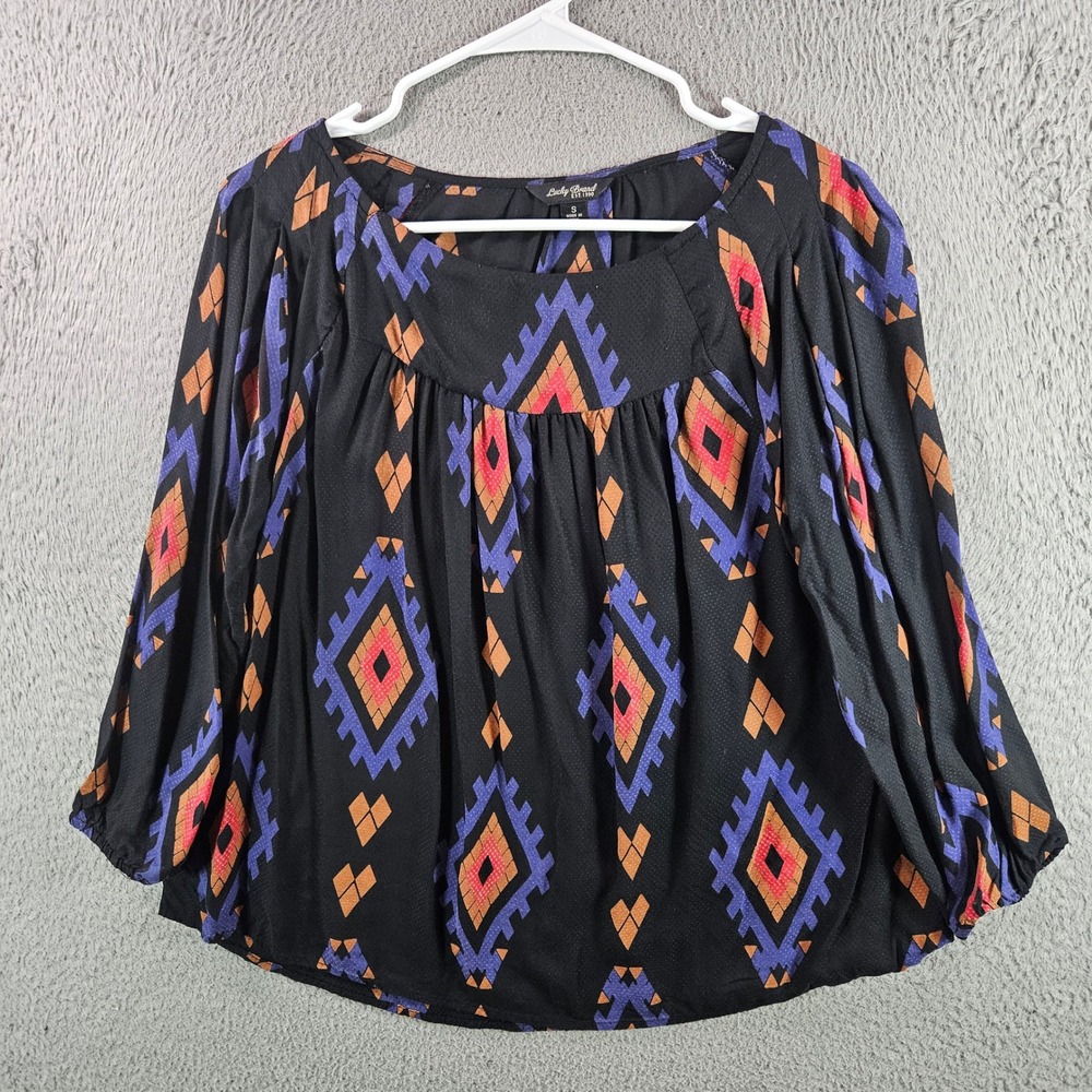 Lucky Brand Women Black Diamond Pattern Long Sleeve Boho Blouse Top Size S
